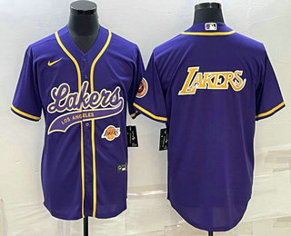 Mens Los Angeles Lakers Purple Big Logo With Patch Cool Base Stitched Baseball Jerseys->->NBA Jersey